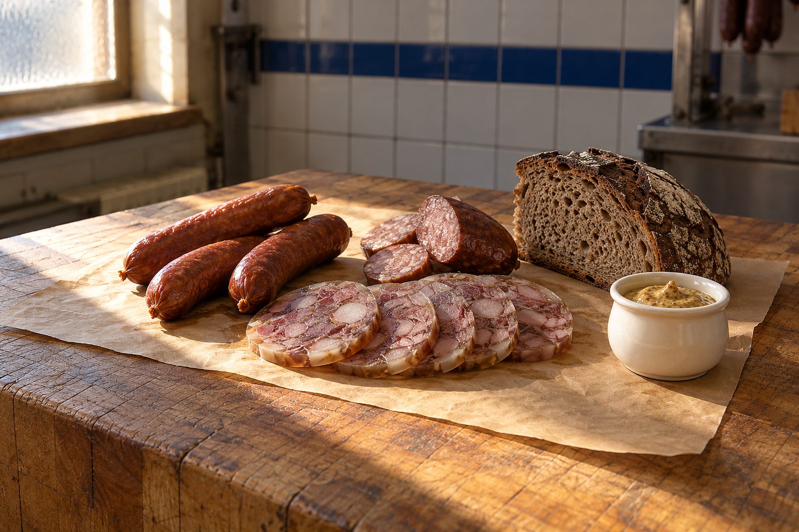 Brotzeit auf Metzgerpapier: drei geräucherte Würste, Scheiben von rotem Presssack mit Aspik, Scheiben einer groben Räucherwurst, ein Stück dunkles Roggenbrot und ein Töpfchen Senf