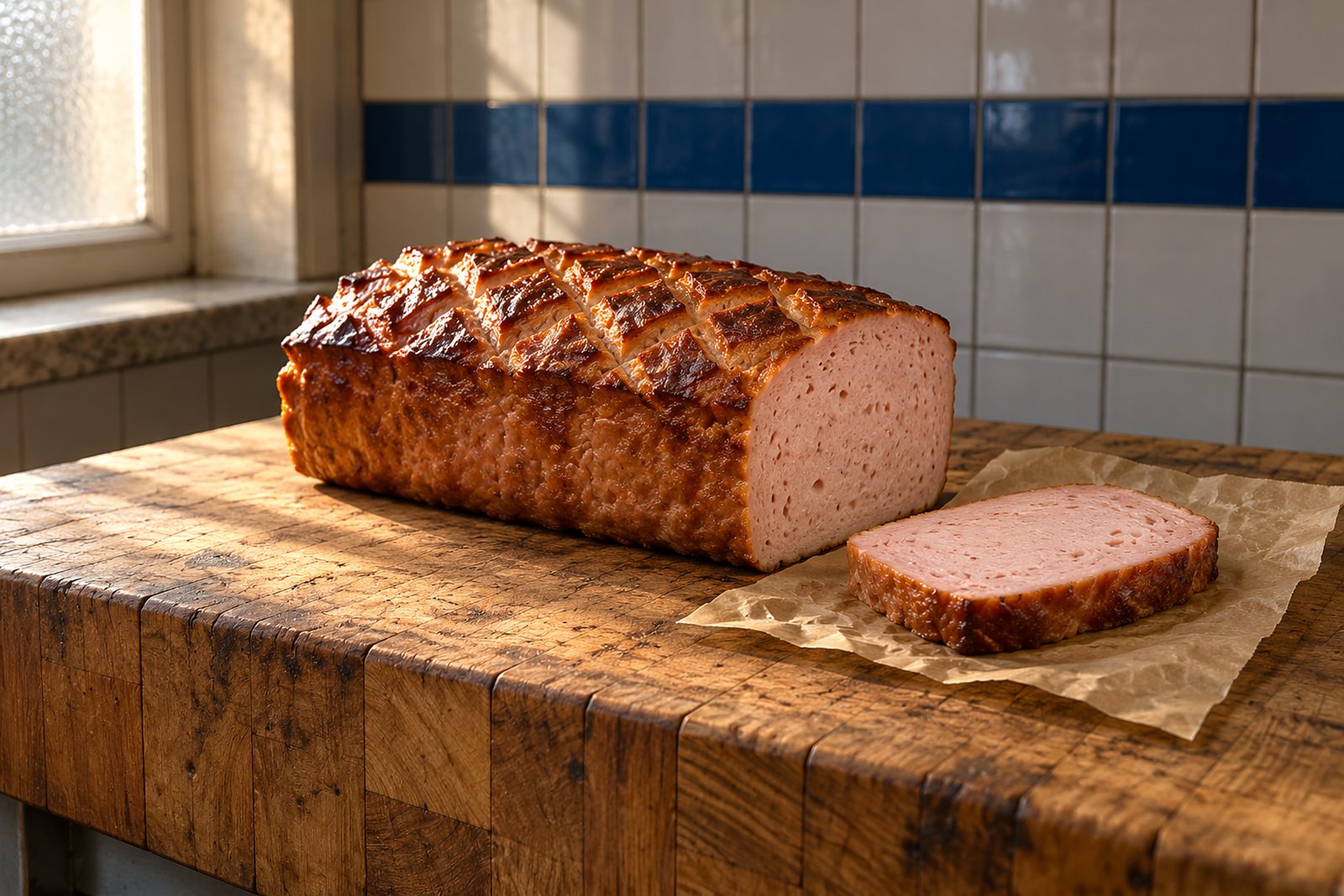 Ein ganzer gebackener Leberkäse mit rautenförmig eingeschnittener, goldbrauner Kruste auf einem Hackstock, rechts angeschnitten; eine dicke Scheibe liegt auf Metzgerpapier daneben, im Hintergrund weiße und blaue Fliesen