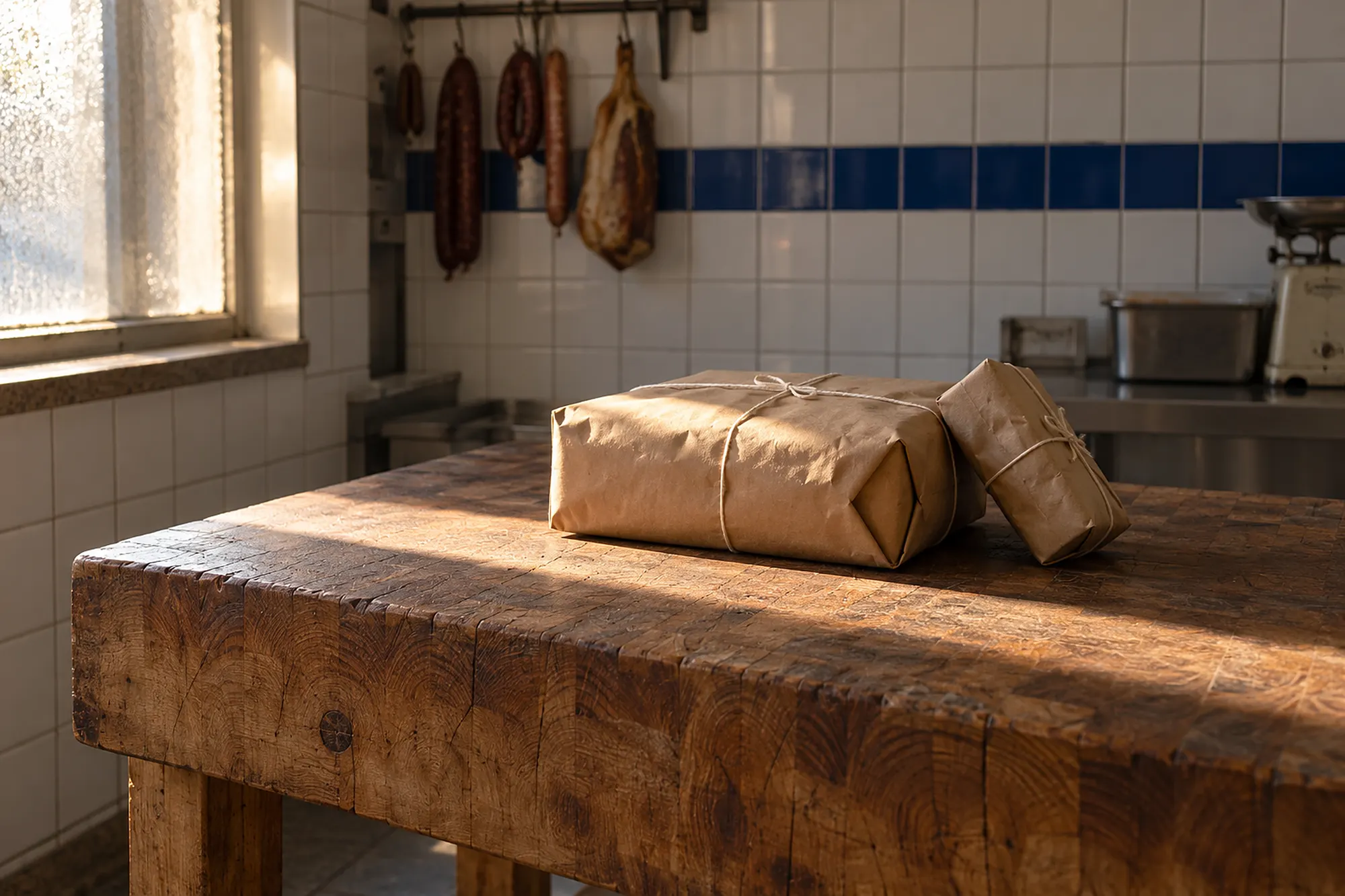 Ein in braunes Metzgerpapier eingeschlagenes Paket, über Kreuz mit weißer Schnur gebunden, daneben ein kleineres, auf einem Hackstock im Morgenlicht